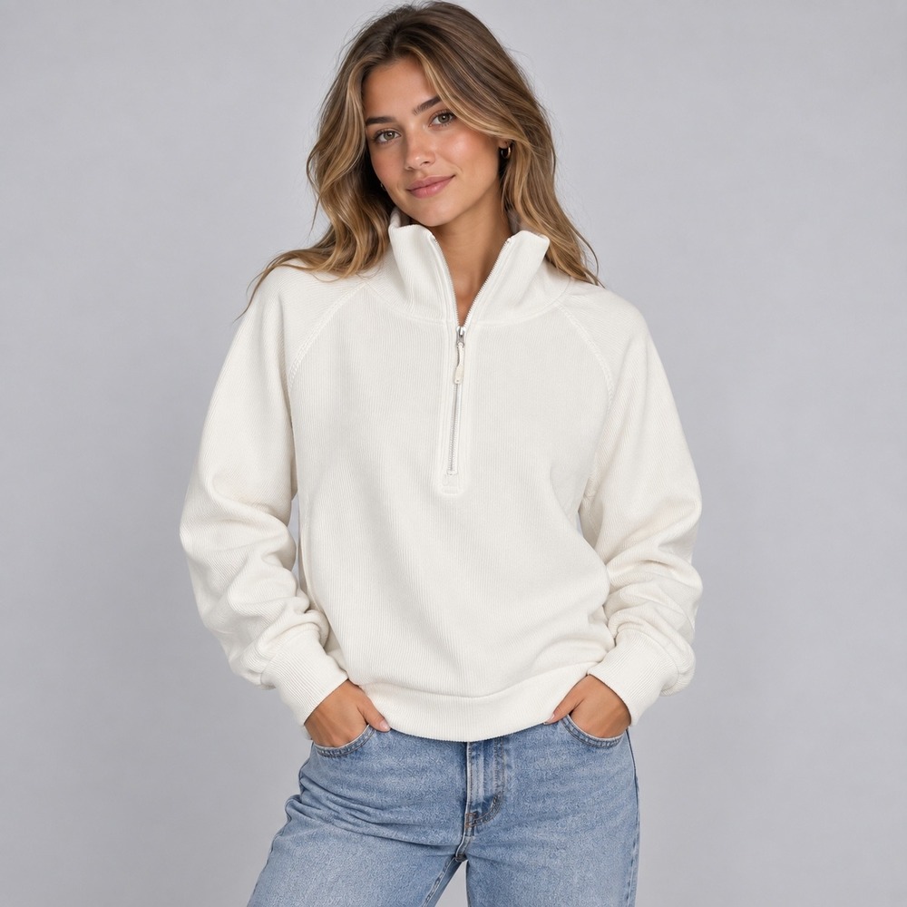 Kyodan Sweatshirt Womens Medium White Ribbed Quarter Zip Pullover Activewear